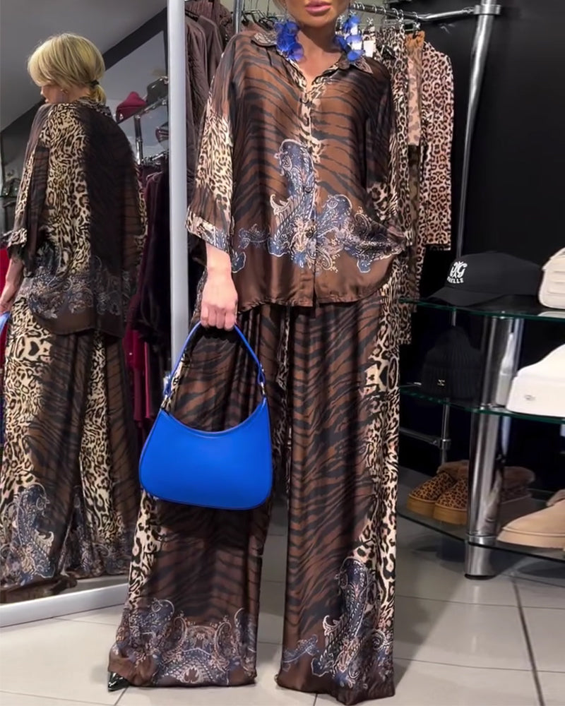 Ensemble Élégant Imprimé Léopard Pantalon Large