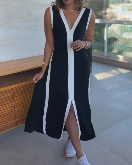 Robe À Bloc De Couleur Sans Manches Fendue Maxi