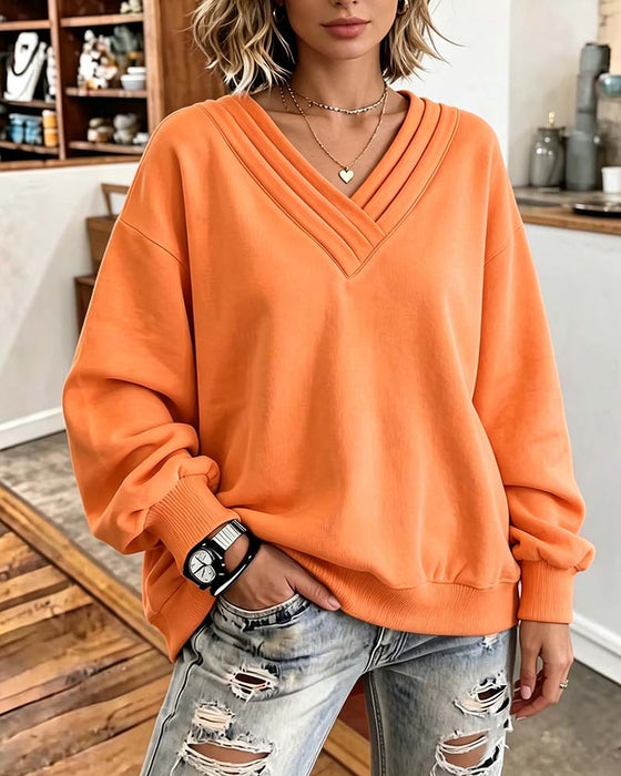 Sweatshirt Double Couche Col En V Épaule Tombante Lâche