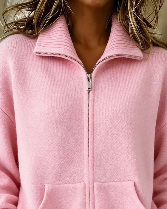 Cardigan Revers Fermeture Éclair Uni