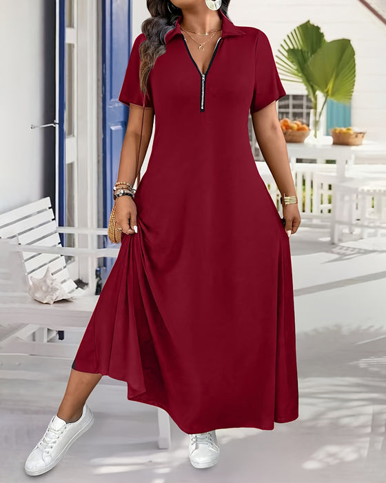 Robe Manche Courte Unie Fermeture Éclair Maxi