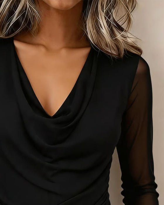 Haut Col Drapé Mesh Translucide Manches Longues