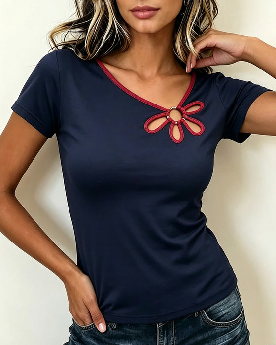 T-Shirt Fleuri Découpé Manches Courtes