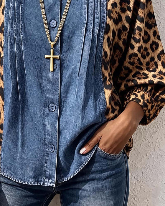 Blouse Col Rond Bouton Léopard Denim Patchwork