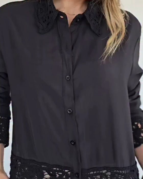 Blouse Revers Ourlet Dentelle Patchwork