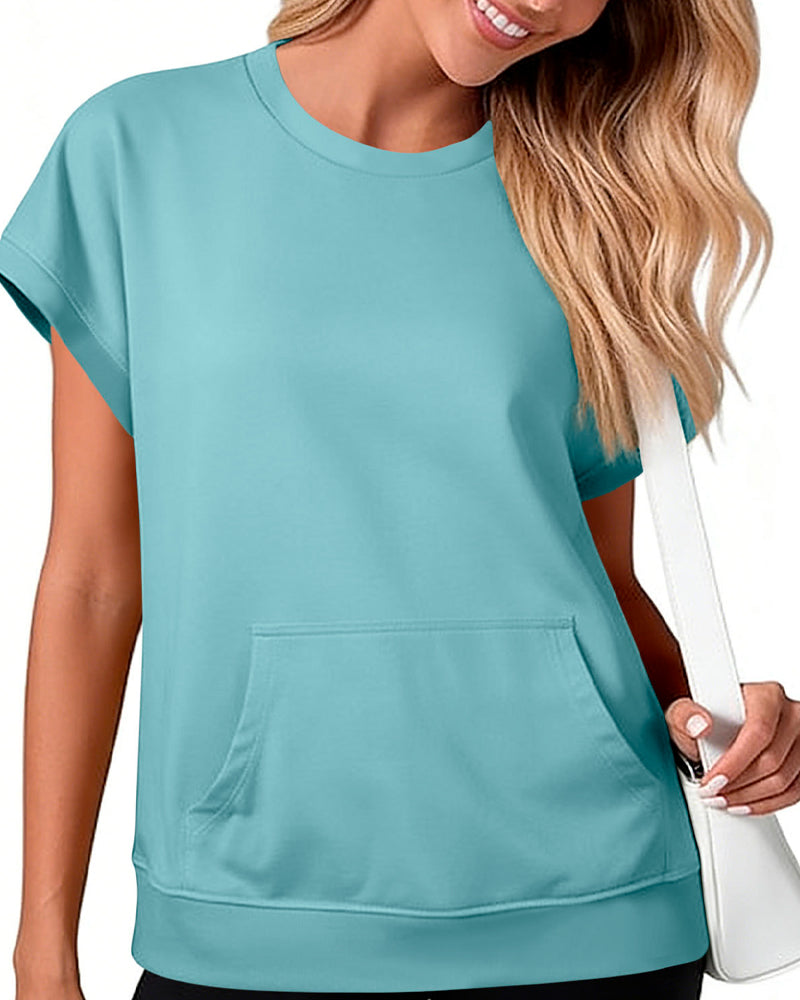 Blouse Poche Devant Unie Col Rond