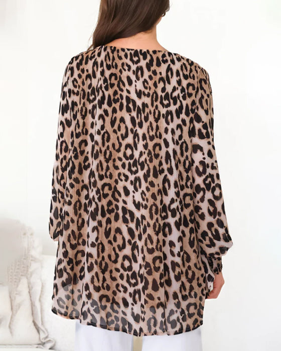 Blouse Col Rond Léopard Irrégulier Manche Lanterne