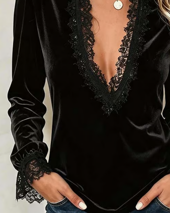 Haut Dentelle Patchwork Col En V Volant