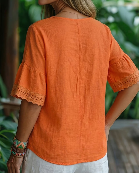 Blouse Dentelle Évidé Col V