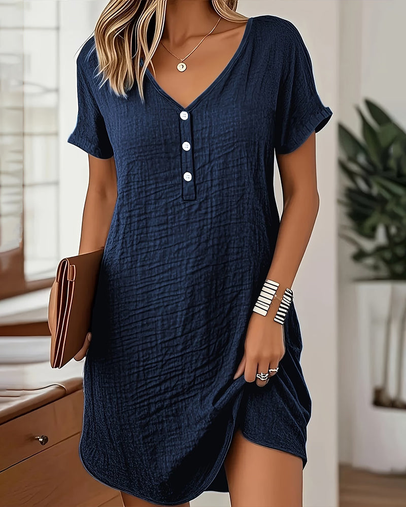 Robe Col V Plissée Manches Courtes Droite