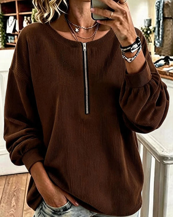 Sweatshirt Col Rond Fermeture Éclair Rayé Épaule Tombante