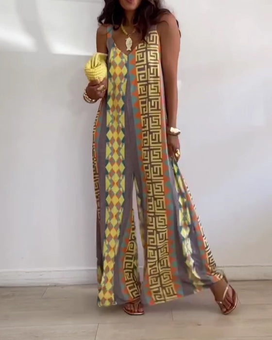 Jumpsuit Imprimé Géométrique Bretelle Spaghetti Jambe Large