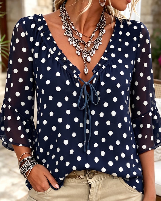 Blouse À Pois Col En V Attacher Décontractée