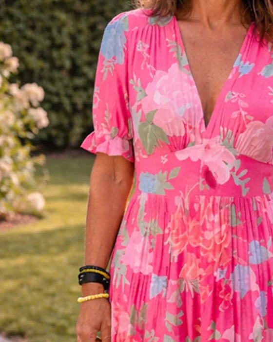Robe Col V Imprimé Taille Haute Manche Ballon