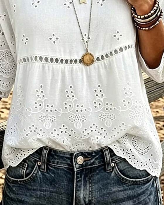 Blouse Col Rond Évidé Unie