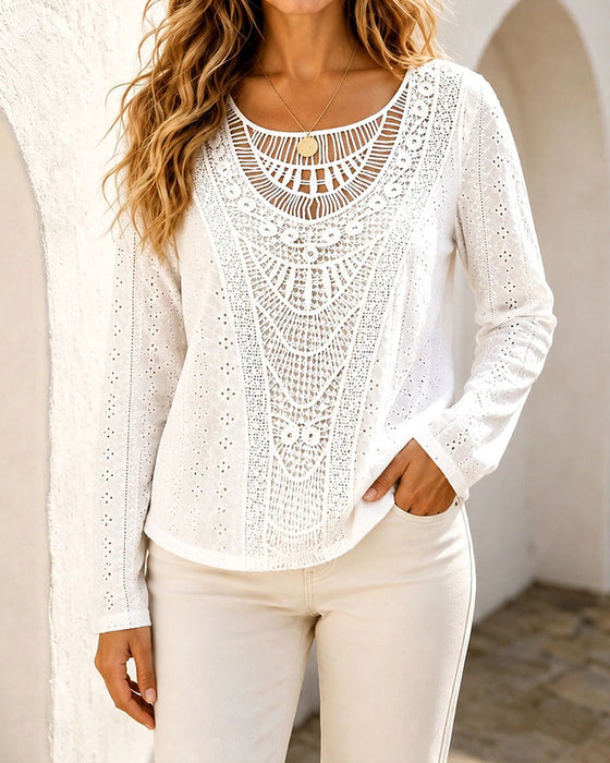 Blouse Col Rond Découpe Manches Longues Unie