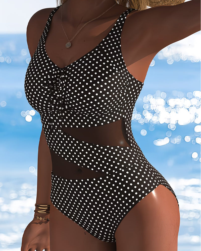 One-Piece Pois Cravate Mesh Patchwork