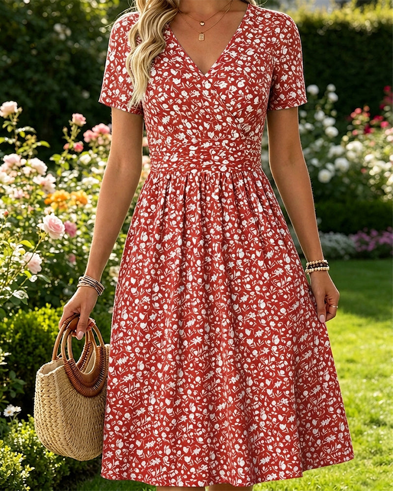 Robe Col En V Manches Courtes Petit Fleuri