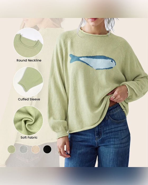 Pullover Col Rond Imprimé Poisson Épaule Tombante