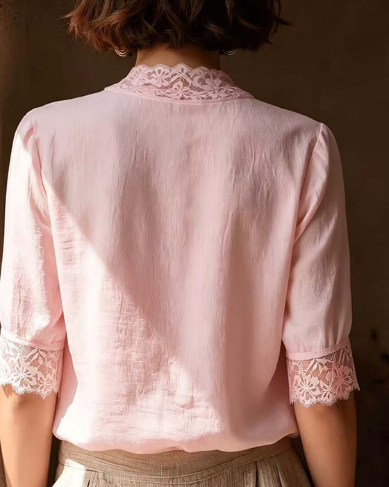 Blouse Col V Dentelle Patchwork Unie Manche Trois Quarts