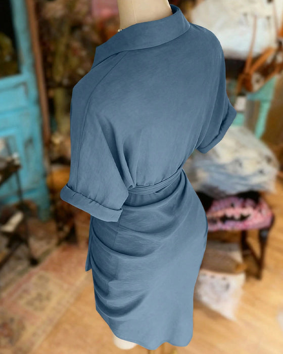 Robe Attacher Bouton Plissé Col Chemise
