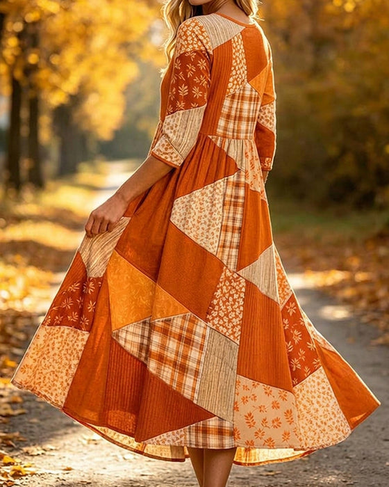 Robe Patchwork À Carreaux Fleurie