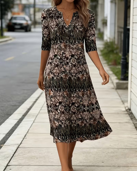 Robe Col V Imprimé Patchwork Demi‑manche
