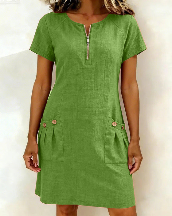 Robe Fermeture Éclair Poche Coton Lin
