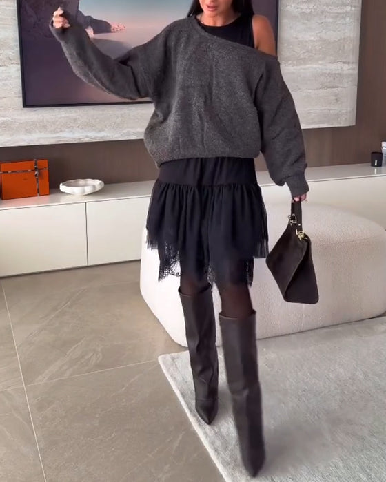 Décolleté Épaules Nues Loose Pull & Ourlet Dentelle Robe