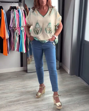 Haut décontracté à col en V imprimé rétro