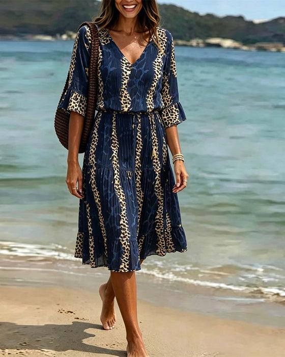 Robe Col V Léopard Patchwork Midi Vacances