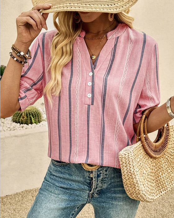 Blouse Col En V Décontracté Rayée