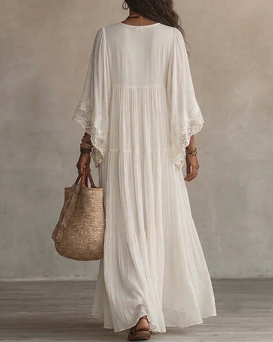 Robe Col V Dentelle Patchwork Unie