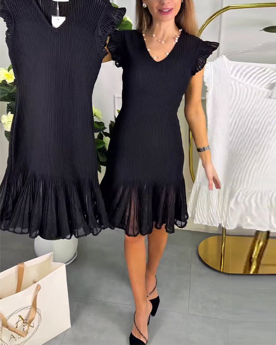 Robe Petites Manches Volant Dentelle Col V