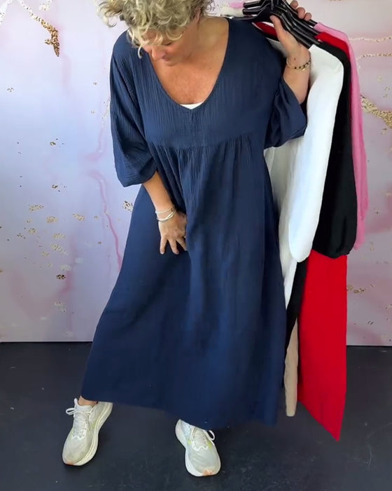 Robe Style Forêt Col En V Plissée Unie