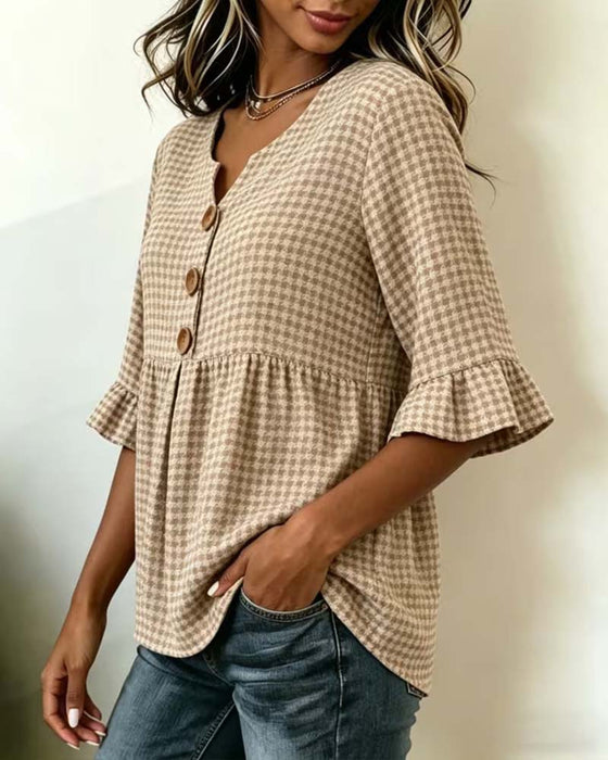 Blouse Pied-De-Coq Trois Boutons Décontractée