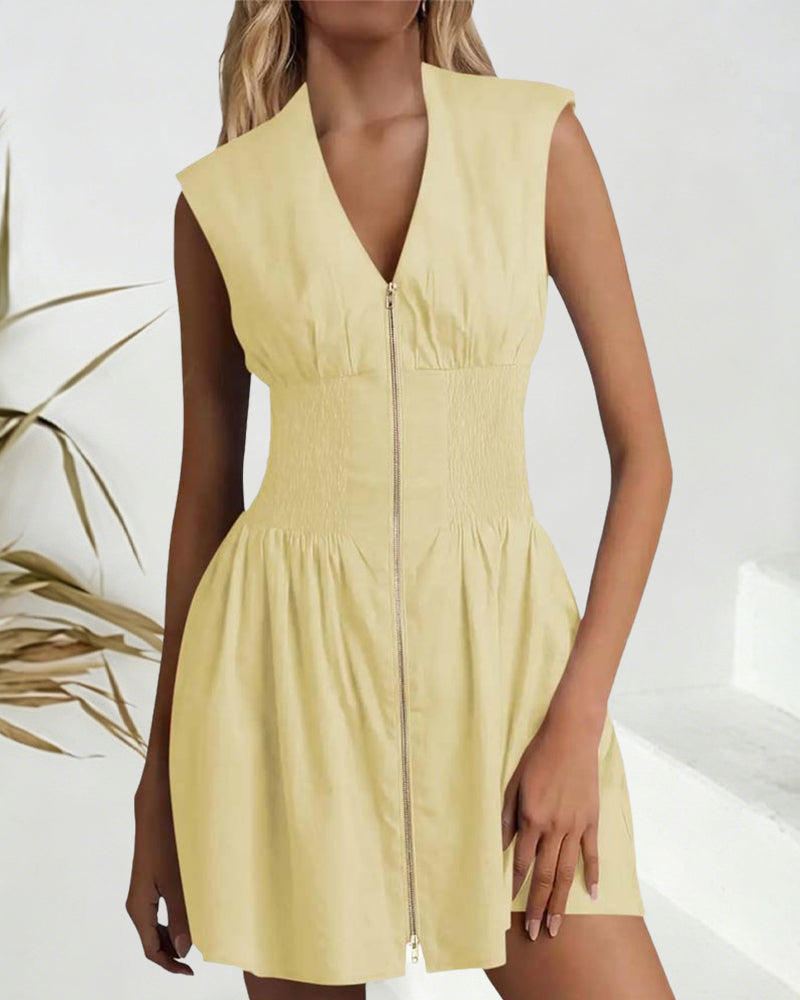 Robe Col En V Fermeture Éclair Taille Cintrée Sans Manches