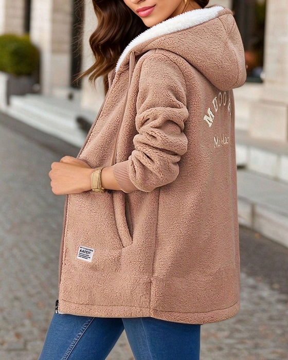Manteau Polaire Doublé Fermeture Éclair Poche À Capuche