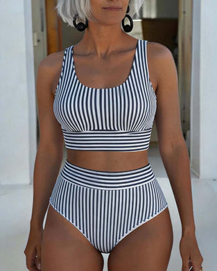 Bikini Rayure Verticale Taille Haute Sportif