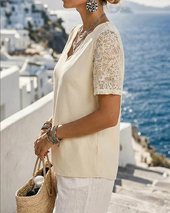 Blouse Col V Dentelle Patchwork Uni