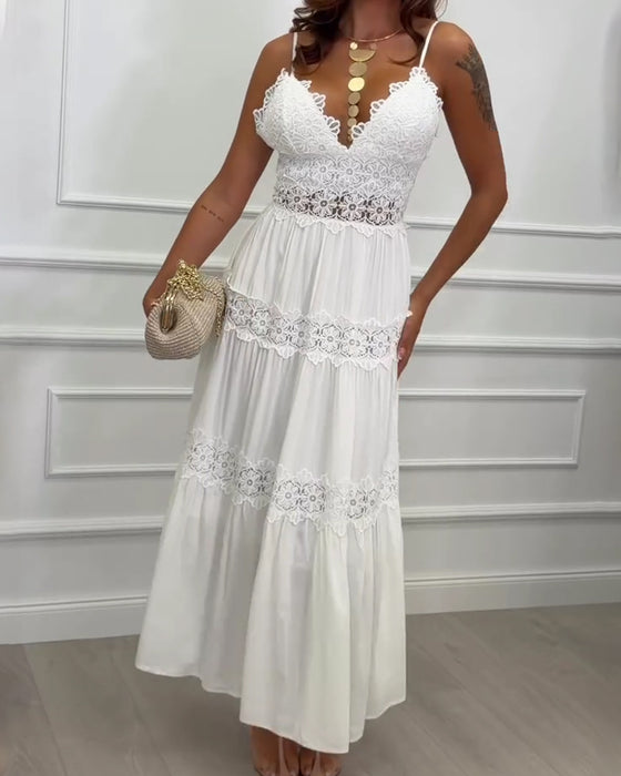 Robe Dentelle Patchwork Bretelle Spaghetti Col V