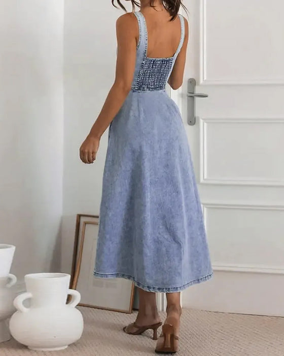 Robe Bretelle Spaghetti Bouton Taille Cintrée Denim