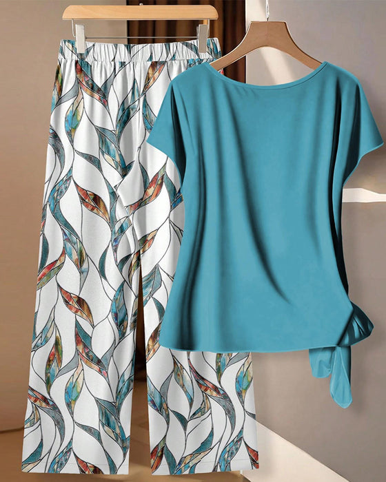 Set Nœud Blouse Imprimé Large Jambe Pantalon
