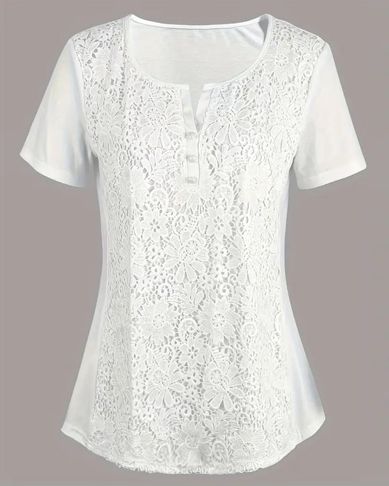 Blouse Col Rond Empiècement Dentelle