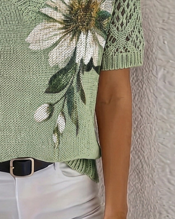 Pull-Over Col En V Tricoté Fleuri