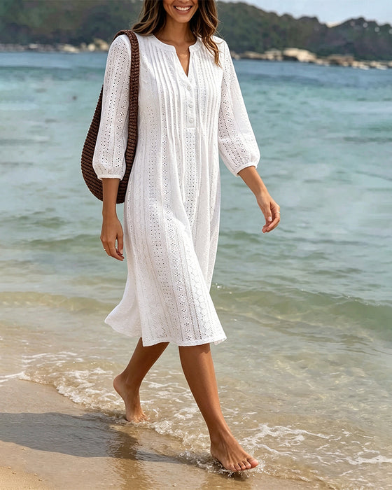 Robe Col V Plissé Découpé Uni