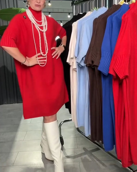 Robe Col Haut Manche Mi-Longue Droite Tricotée