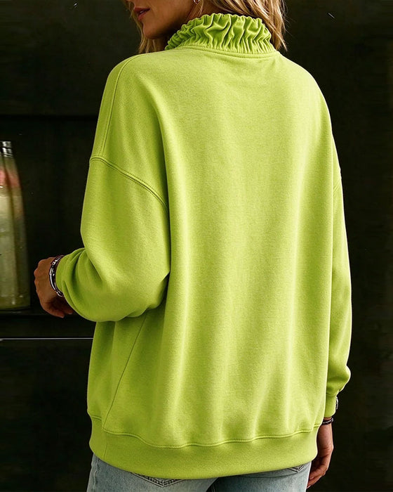 Sweat Fermeture Éclair Volant Épaule Tombante Manche Longue