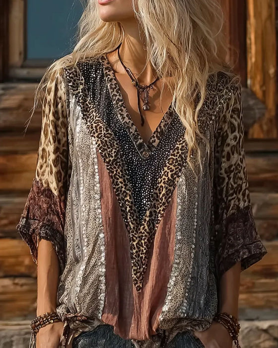 Blouse Léopard Patchwork Col V Imprimé