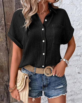 Chemise Texture Plissée Manche Courte Revers